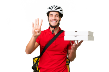 Pizza delivery man with work uniform picking up pizza boxes over isolated background happy and counting four with fingers