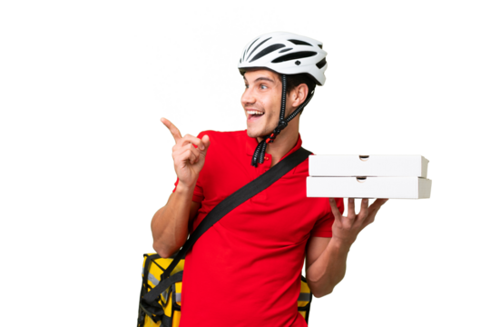 Pizza delivery man with work uniform picking up pizza boxes over isolated background intending to realizes the solution while lifting a finger up - Powered by Adobe