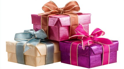 Obraz premium Stack of christmas gift boxes with bright satin ribbons on transparent background for holiday celebrations and festive decorations