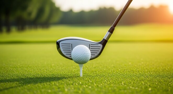 A close up of a golf ball teed up on lush green grass