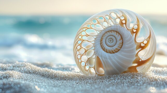 Translucent spiral shell with intricate chambers resting on sparkling sand by ocean waves