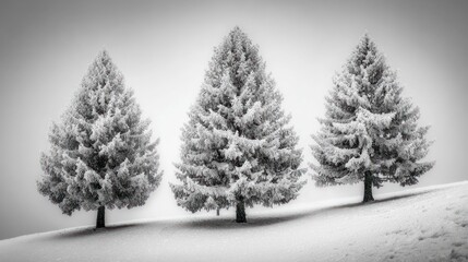 Obraz premium Trio of snow-laden conifer trees on a gentle snowy slope in grayscale winter light