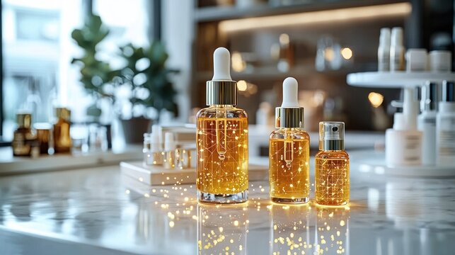 Trio of glowing golden liquid dropper bottles on a reflective marble surface