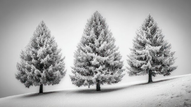 Trio of snow-laden conifer trees on a gentle snowy slope in grayscale winter light - Powered by Adobe