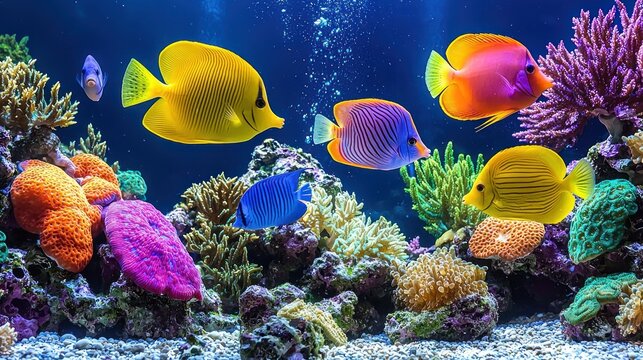 Underwater scene with numerous brightly colored fish swimming amidst a vibrant coral reef