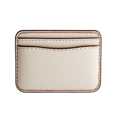 A cream colored leather card holder with three slots and brown stitching on a black background