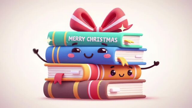 A stack of four colorful cartoon books with faces, topped with a red and white bow, reading "Merry Christmas".