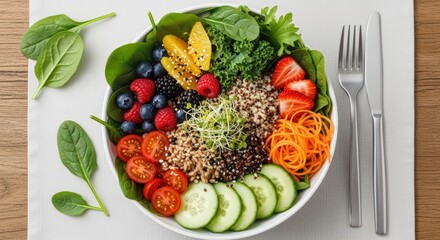 A colorful bowl of fresh vegetables and fruits including berries, spinach, tomatoes, cucumbers, and grains.