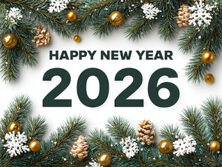 Festive Pine Branch Frame with Snowflakes and Golden Ornaments Surrounding Happy New Year 2026 Text Representing Holiday Celebration, Warmth, and Joy