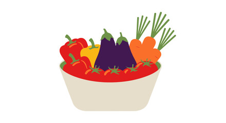 Vibrant bowl overflowing with fresh vegetables, a colorful bounty including tomatoes, peppers, eggplants, and carrots, perfect for healthy eating concepts