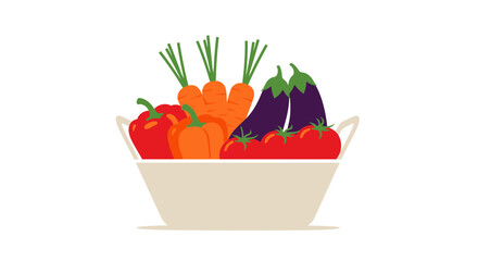 Vibrant basket overflowing with fresh, colorful vegetables like carrots, tomatoes, peppers, and eggplants – a healthy bounty perfect for promoting nutrition
