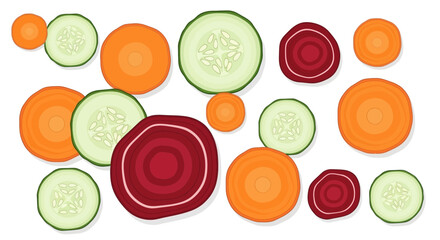 Freshly sliced carrots, cucumbers, and beets create a vibrant vegan medley perfect for healthy eating campaigns and cooking inspiration, originally designed as vector art