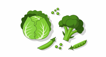 Fresh green vegetables assortment featuring cabbage, broccoli, and peas, perfect for healthy eating campaign visuals, or recipe illustrations