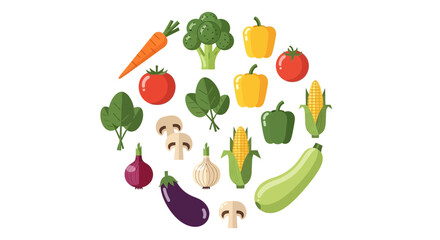 Fresh vegetables arranged in a vibrant, colorful circle pattern for healthy eating promotion or vegetarian food blog design, vector style illustration
