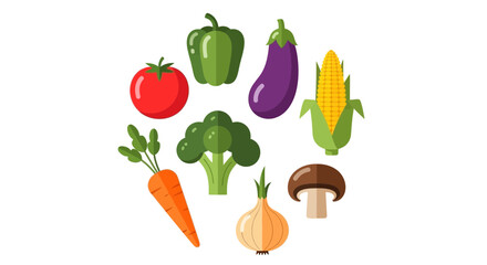 Vibrant assortment of fresh vegetables for healthy eating promotions, showcasing tomato, pepper, eggplant, corn, carrot, broccoli, onion, and mushroom