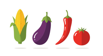 Fresh Vegetables Flat Design Illustration: Corn, Eggplant, Chili Pepper and Tomato for Healthy Cooking and Vegan Recipes, Available as Scalable Vector Graphic