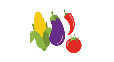 Vibrant corn, eggplant, chili pepper, and tomato create a fresh, colorful food medley, perfect for healthy eating campaigns and culinary design projects