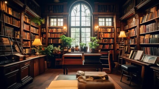 A cozy library interior with books lining the walls, ornate lamps, and a central table