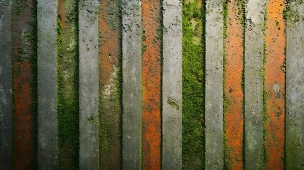 Rough concrete texture with vertical moss green and rust orange lines, gritty surface and focused lighting