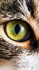Extreme close-up of a domestic cat's green eye with a vertical slit pupil and detailed tabby fur texture