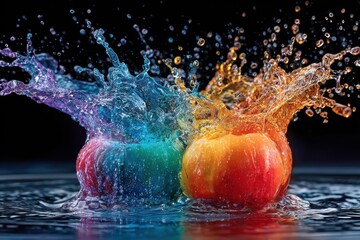Colorful Water Splashing on Two Apples