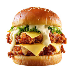 Crispy zinger burger with cheese and lettuce, isolated on white background.