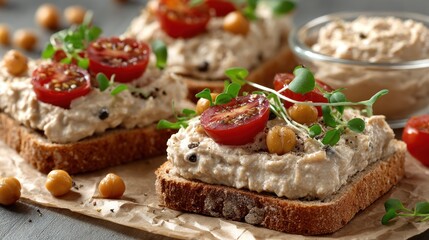 Wholesome open-faced sandwiches topped with chickpea spread, tomatoes, and microgreens