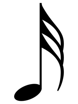 Simple black thirty-second note vector icon, classic demisemiquaver music symbol with triple flag for sound, melody, and beat projects, PNG with transparent background