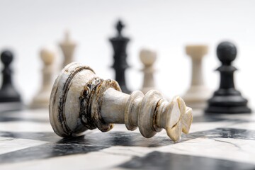 A defeated white chess king lies fallen on a marbled chessboard, other pieces nearby
