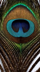 Obraz premium Detailed macro of a vibrant peacock feather showcasing its iridescent colors and intricate patterns a symbol of beauty and elegance