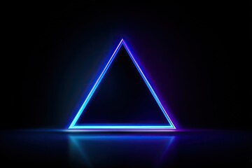 Abstract luminous triangle in neon blue and purple, reflecting on a dark surface