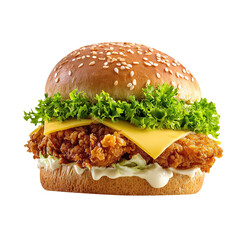 Crispy zinger burger with cheese and lettuce, isolated on white background.