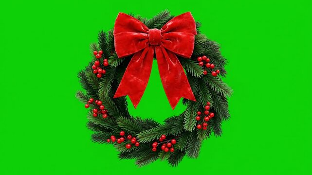 Festive green Christmas wreath adorned with a bright red bow and berries on a vibrant green background.