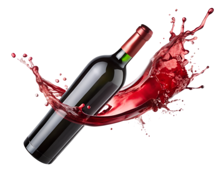 A bottle of red wine splashing, isolated on transparent background