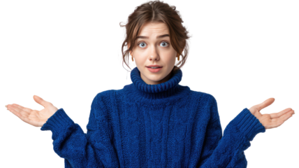 A young woman in a blue turtleneck sweater shrugs with raised hands and puzzled confused expression on white background
