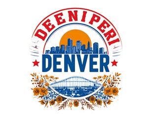 Denver skyline graphic with "DEENIPERI" text, cityscape, sun, bridge, and floral elements in retro distressed style. Great for t-shirts and travel