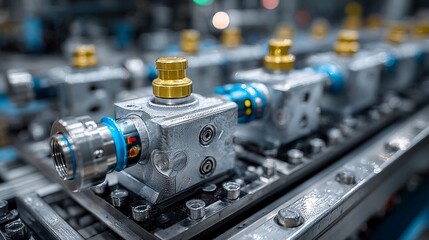 Precision engineered industrial components on an automated assembly line ready for manufacturing, showcasing advanced technology and production efficiency.