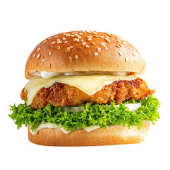 Crispy zinger burger with cheese and lettuce, isolated on white background.