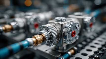 Precision engineered industrial machinery with chrome fittings and blue tubing, showcasing intricate mechanical components for advanced manufacturing and technology applications.