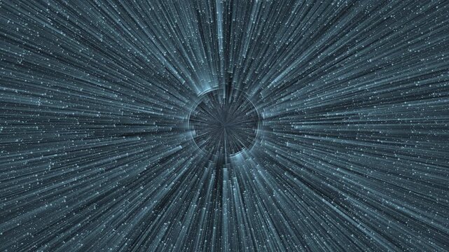 Moving Through Star Field with Lights Rays with Distorted Centre Reversing Direction. Abstract Wormhole Hyperspace Astro Space Sci-Fi Effect.