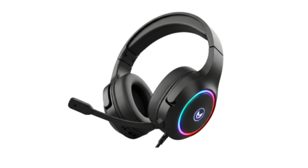 Black gaming headset with microphone isolated on transparent background, perfect for immersive audio experience during gameplay and communication