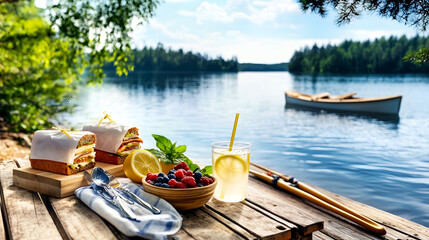 Obraz premium Summer Picnic With Sandwiches And Lemonade By A Lake