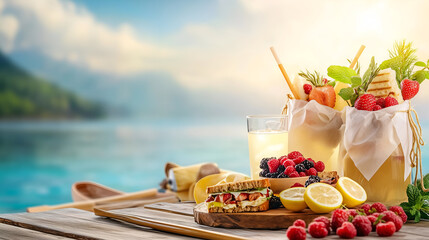 Healthy Picnic Lunch On A Wooden Table By The Sea