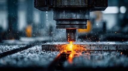 Precision manufacturing in action sparks fly as a heavy-duty industrial machine precisely cuts metal with intense heat and cutting edge technology, showcasing innovation and production.