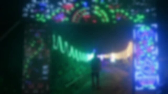 Abstract light pattern captured with intentional blur, showing colorful circular lights creating a dreamy, festive aesthetic.