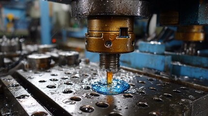 Precision machining in action, coolant sprays as a metal drill bit carves intricate parts on a heavy industrial lathe, showcasing industrial production and manufacturing processes.