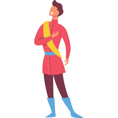 Man In Red Coat With Yellow Sash And Blue Boots Standing Proudly With Hand On Chest Isolated On White Background Flat Design Illustration