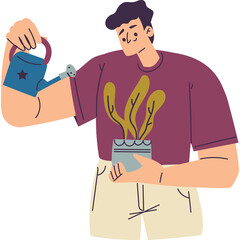 Man in Maroon TShirt Watering a Potted Plant with a Blue Watering Can Against a White Background