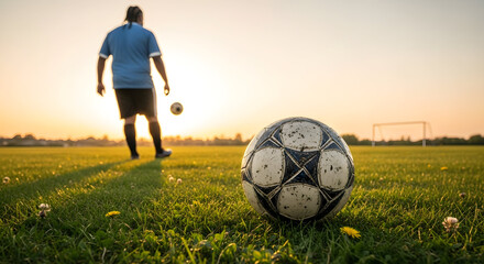 Soccer Player Kicking a Ball at Sunset on a Green Field with Goalpost in the Background and Long Shadows in a Recreational Evening Setting