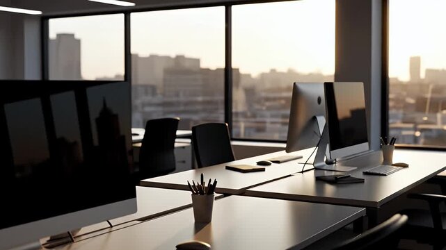 Modern office interior with computer setups, desks, and city view through large windows at sunset